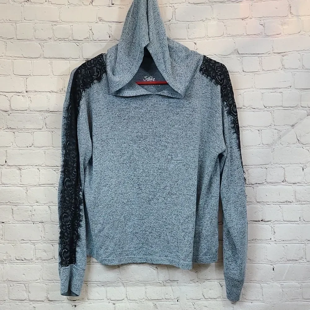 Justice Girls Hoodie Sweater 14 16 Blue Lace Sleeve Knit Pullover Soft School
